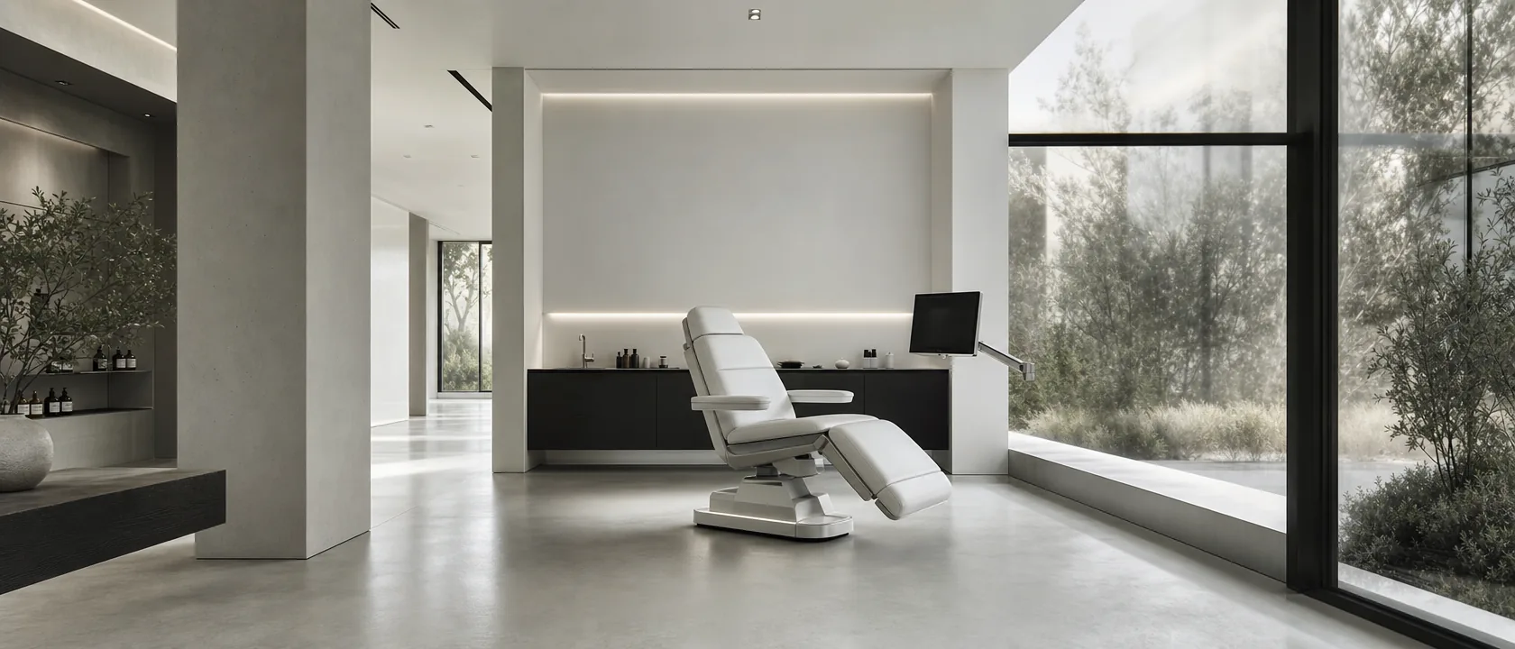 Minimalist premium longevity clinic interior with polished microcement floors, diagnostic chair, and diffused natural daylight.