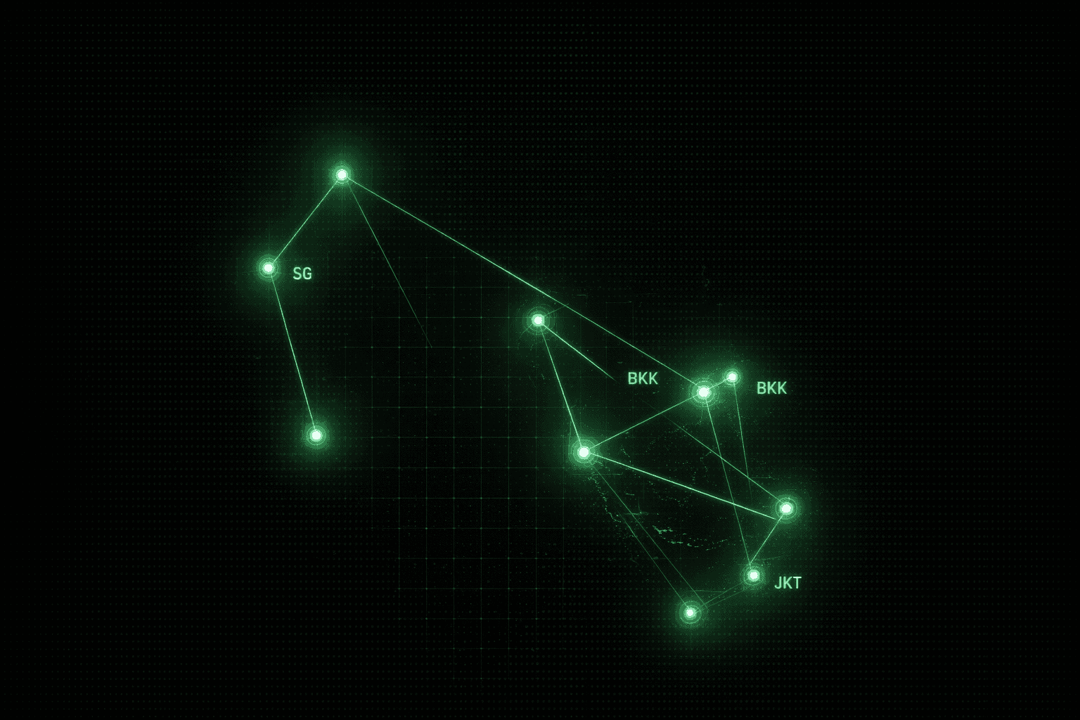 Abstract network visualization showing ten connected nodes representing Decoded Longevity markets across Southeast Asia and Africa.