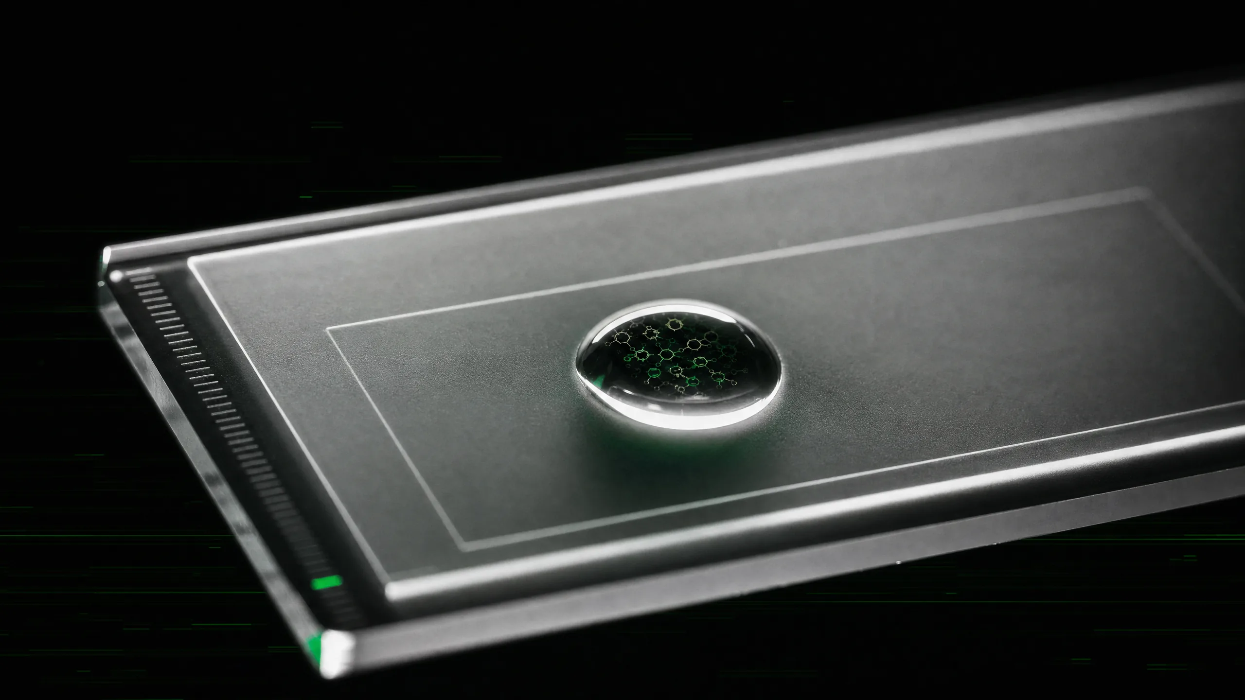 Macro photograph of a glass microscope slide with fluid droplet containing visible molecular structures on black background.
